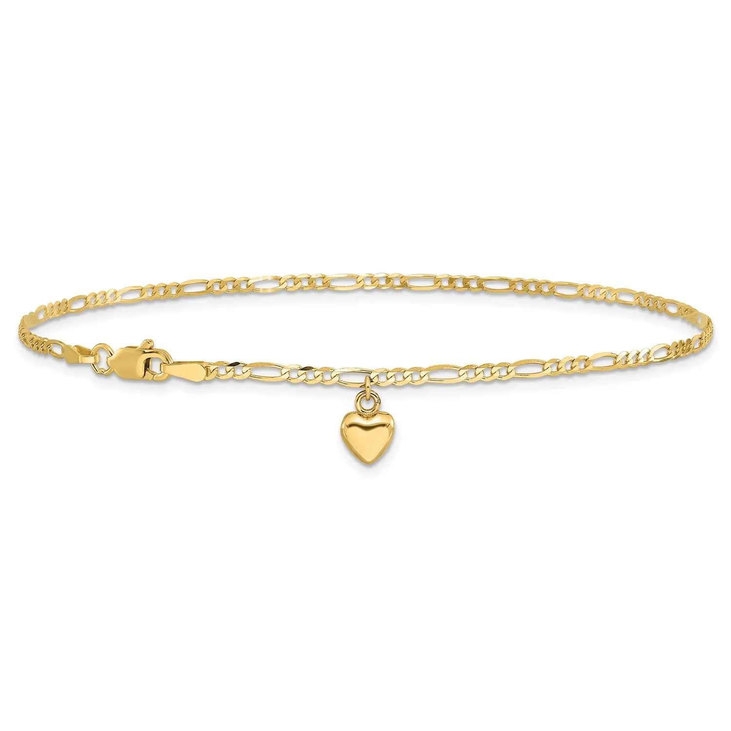 14K Real Solid Gold Figaro Link Chain Anklet with Dangling Heart Charm