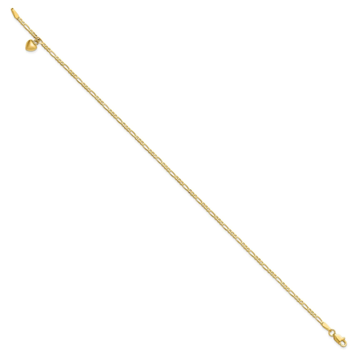 14K Real Solid Gold Figaro Link Chain Anklet with Dangling Heart Charm