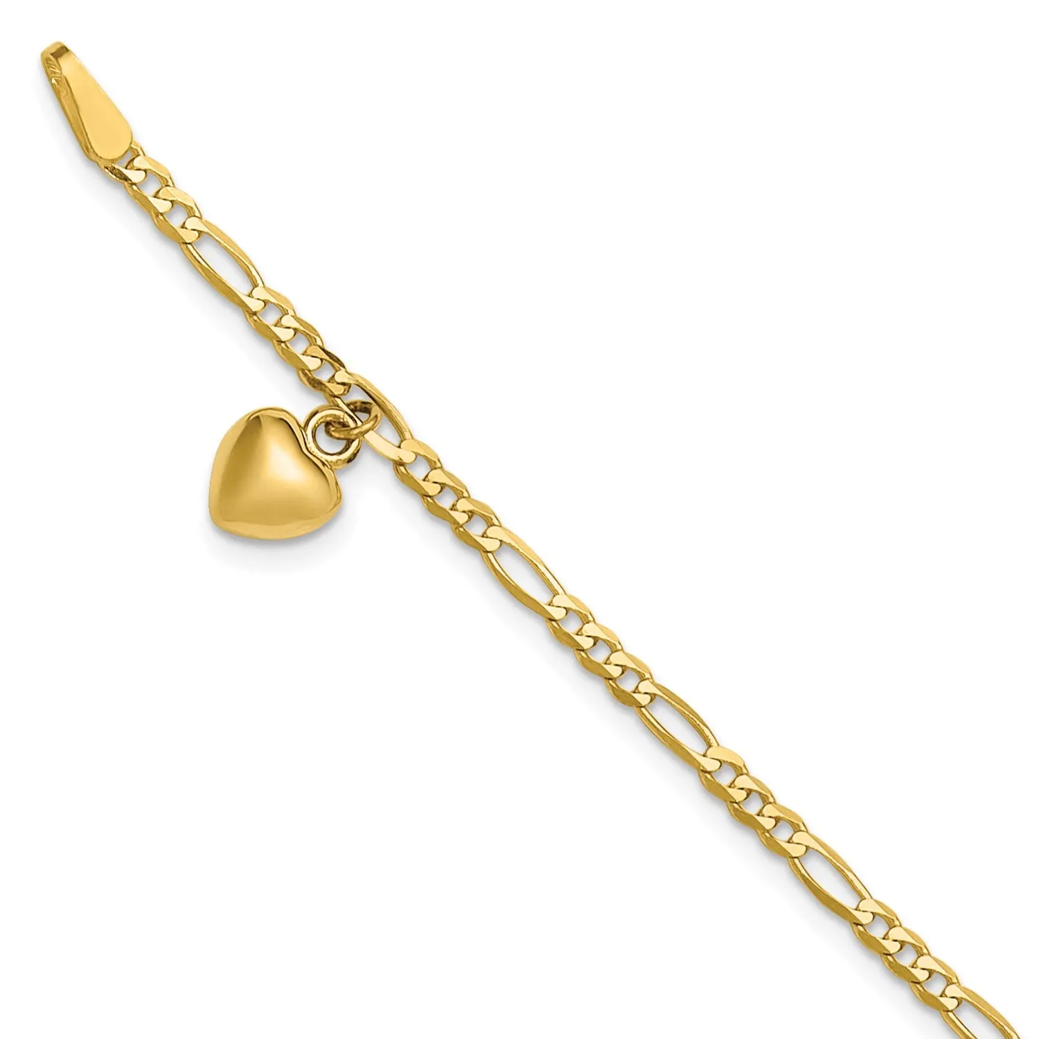 14K Real Solid Gold Figaro Link Chain Anklet with Dangling Heart Charm