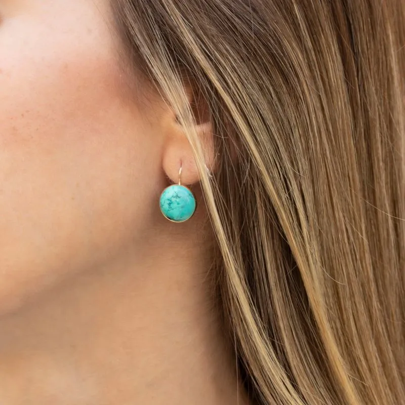 14K Yellow Gold Circle Turquoise 12mm Dangle Earrings