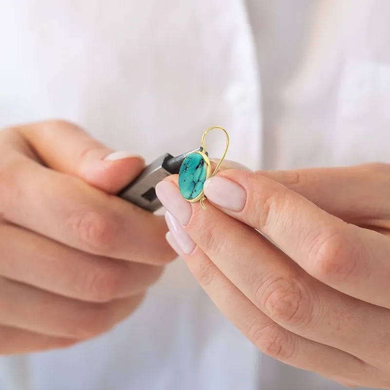 14K Yellow Gold Circle Turquoise 12mm Dangle Earrings