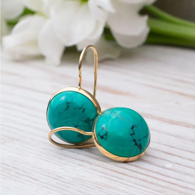 14K Yellow Gold Circle Turquoise 12mm Dangle Earrings