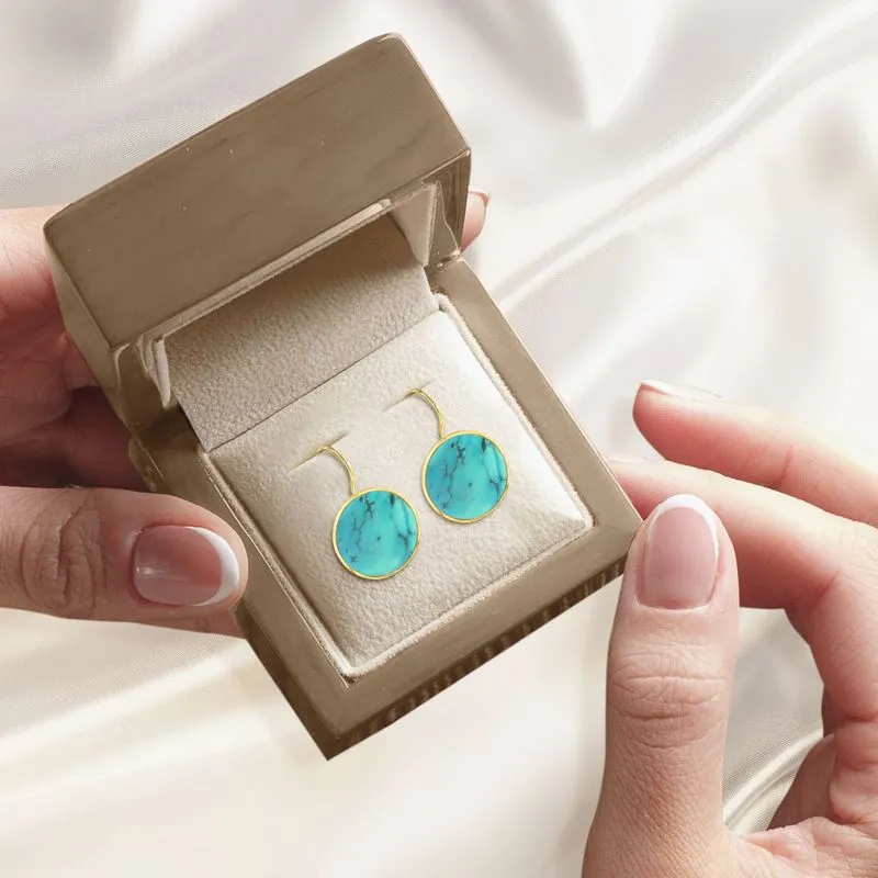 14K Yellow Gold Circle Turquoise 12mm Dangle Earrings