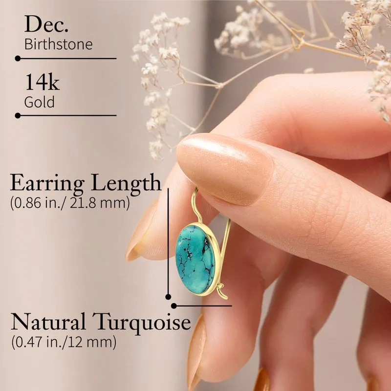 14K Yellow Gold Circle Turquoise 12mm Dangle Earrings