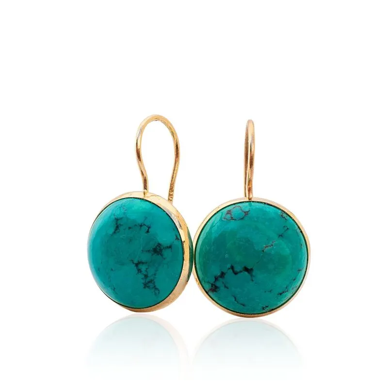 14K Yellow Gold Circle Turquoise 12mm Dangle Earrings