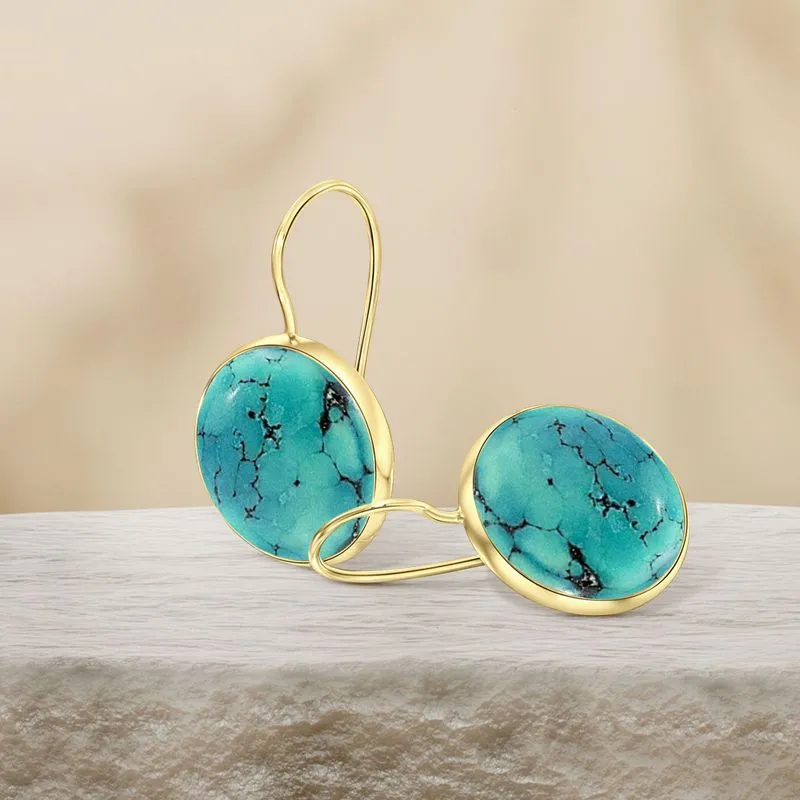 14K Yellow Gold Circle Turquoise 12mm Dangle Earrings