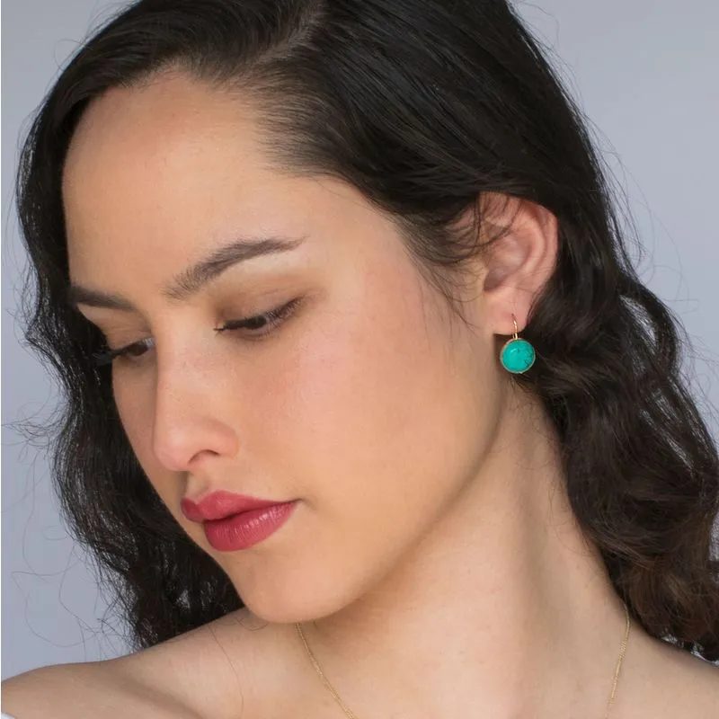 14K Yellow Gold Circle Turquoise 12mm Dangle Earrings