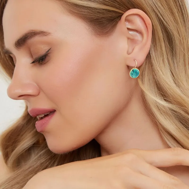 14K Yellow Gold Circle Turquoise 12mm Dangle Earrings