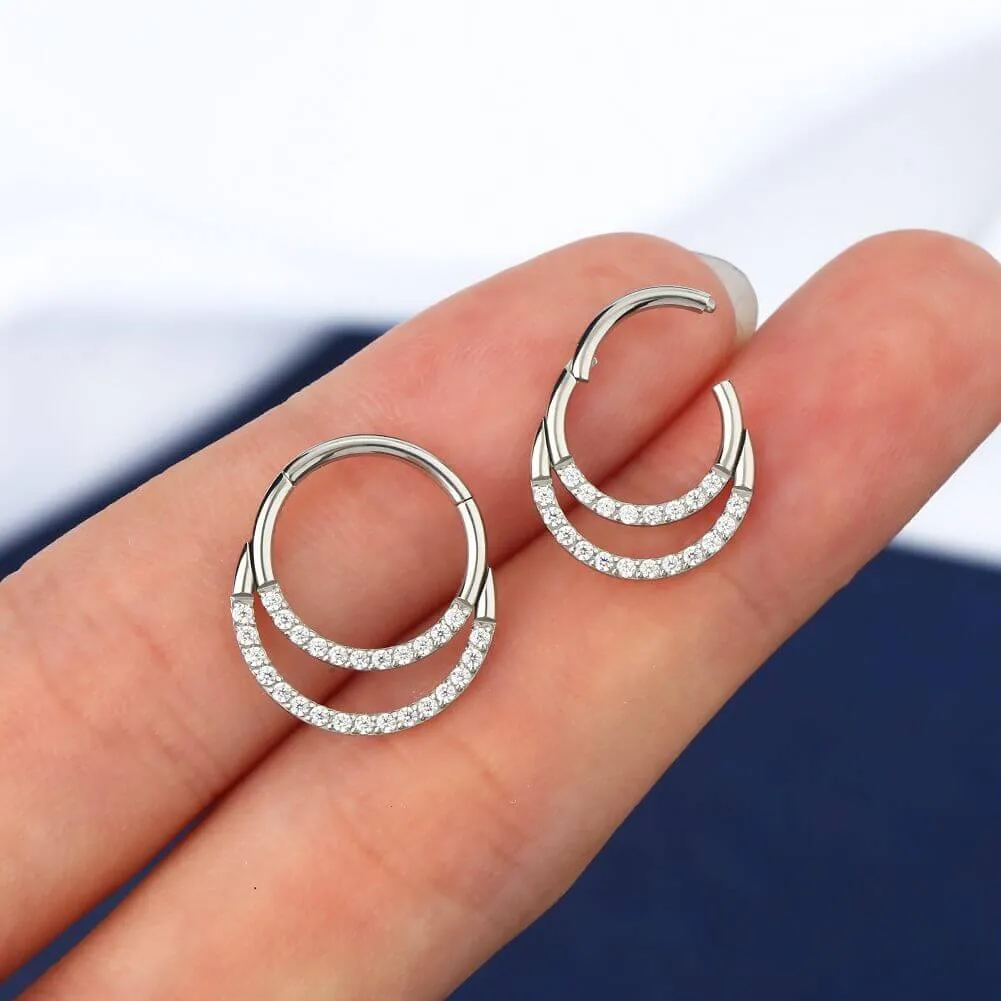 16G CZ Paved Double Loop Titanium Hinged Septum Clicker