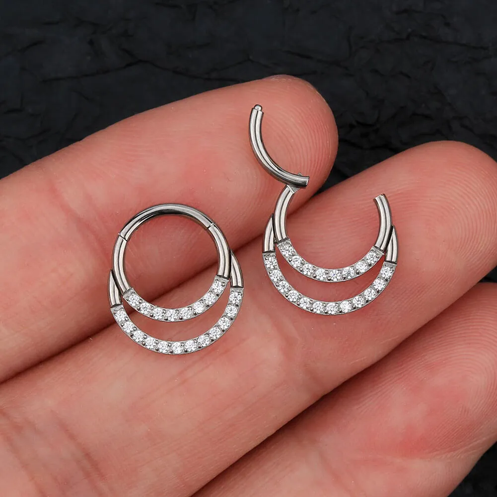 16G CZ Paved Double Loop Titanium Hinged Septum Clicker