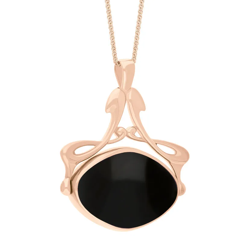 18ct Rose Gold Whitby Jet Mother Of Pearl Bell Diamond Swivel Fob Necklace