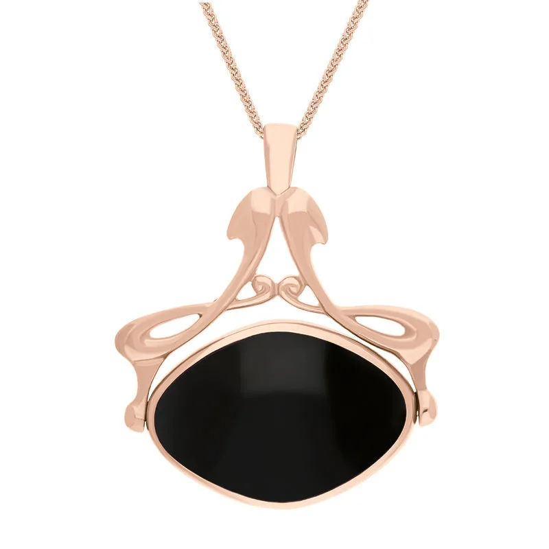 18ct Rose Gold Whitby Jet Mother Of Pearl Bell Diamond Swivel Fob Necklace