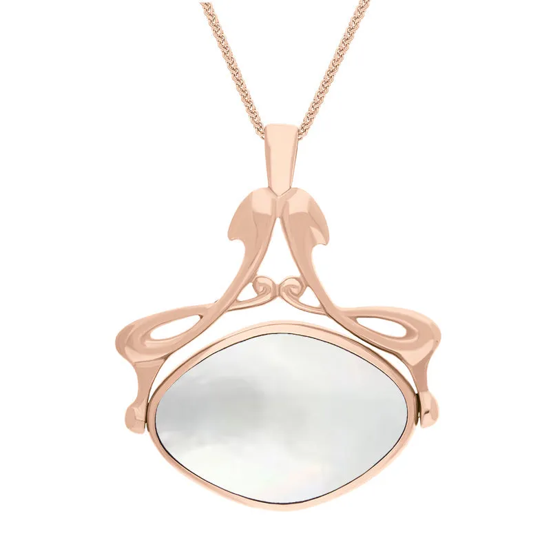 18ct Rose Gold Whitby Jet Mother Of Pearl Bell Diamond Swivel Fob Necklace