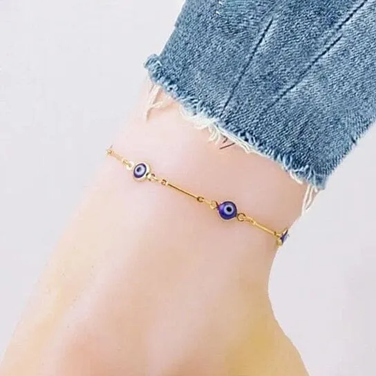 18k Gold Plated Bar Style Blue Evil Eye Crystal Anklet