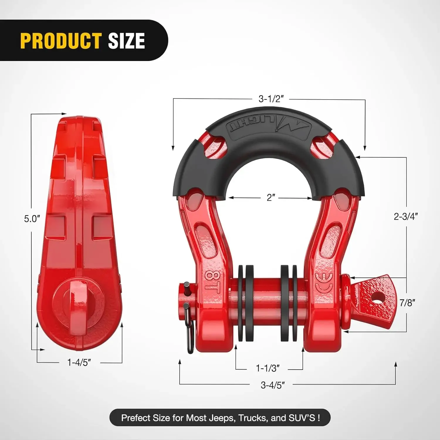 3/4 inch Mega D-Ring Shackle With 7/8 inch Screw Pin 68000LBS Red (Pair)