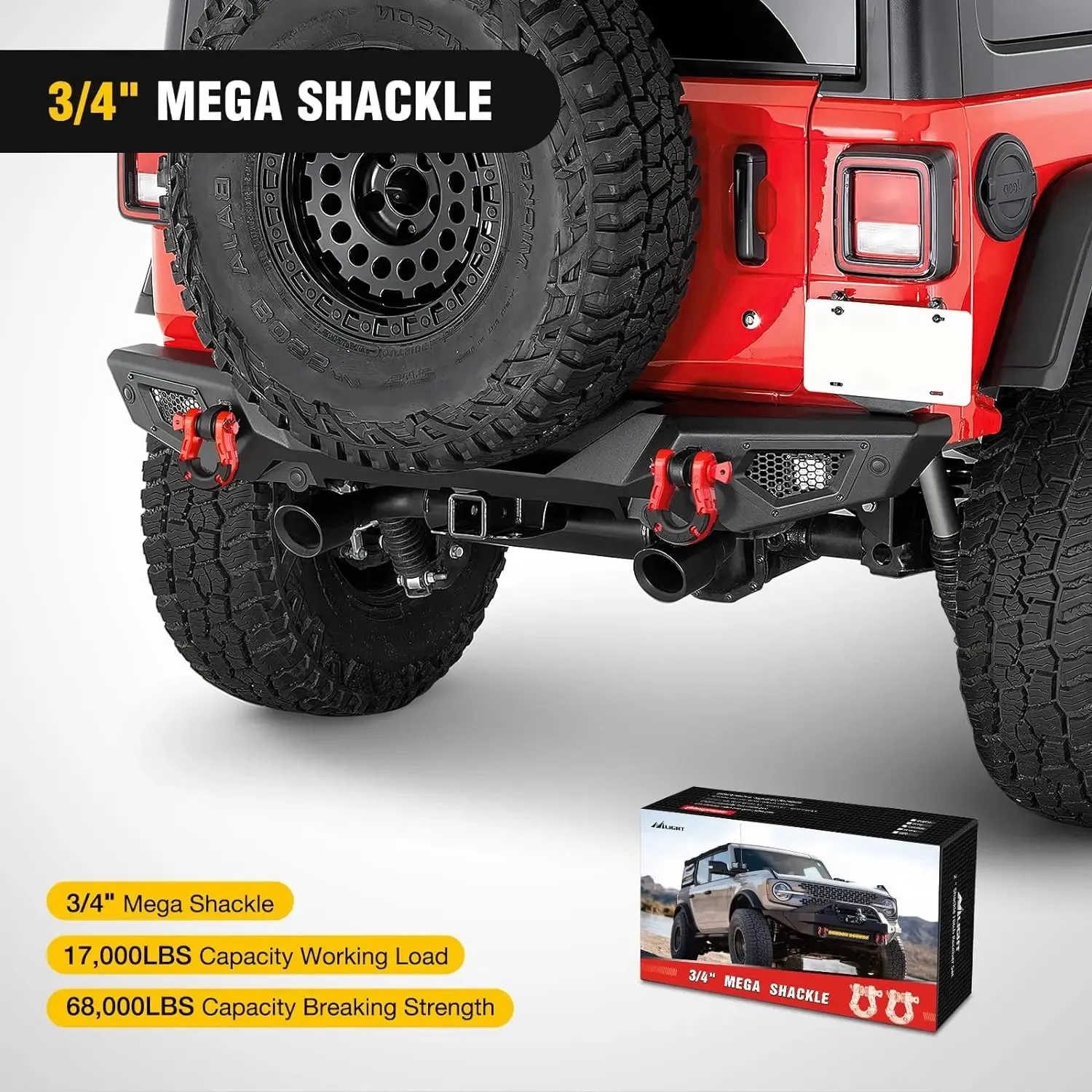 3/4 inch Mega D-Ring Shackle With 7/8 inch Screw Pin 68000LBS Red (Pair)