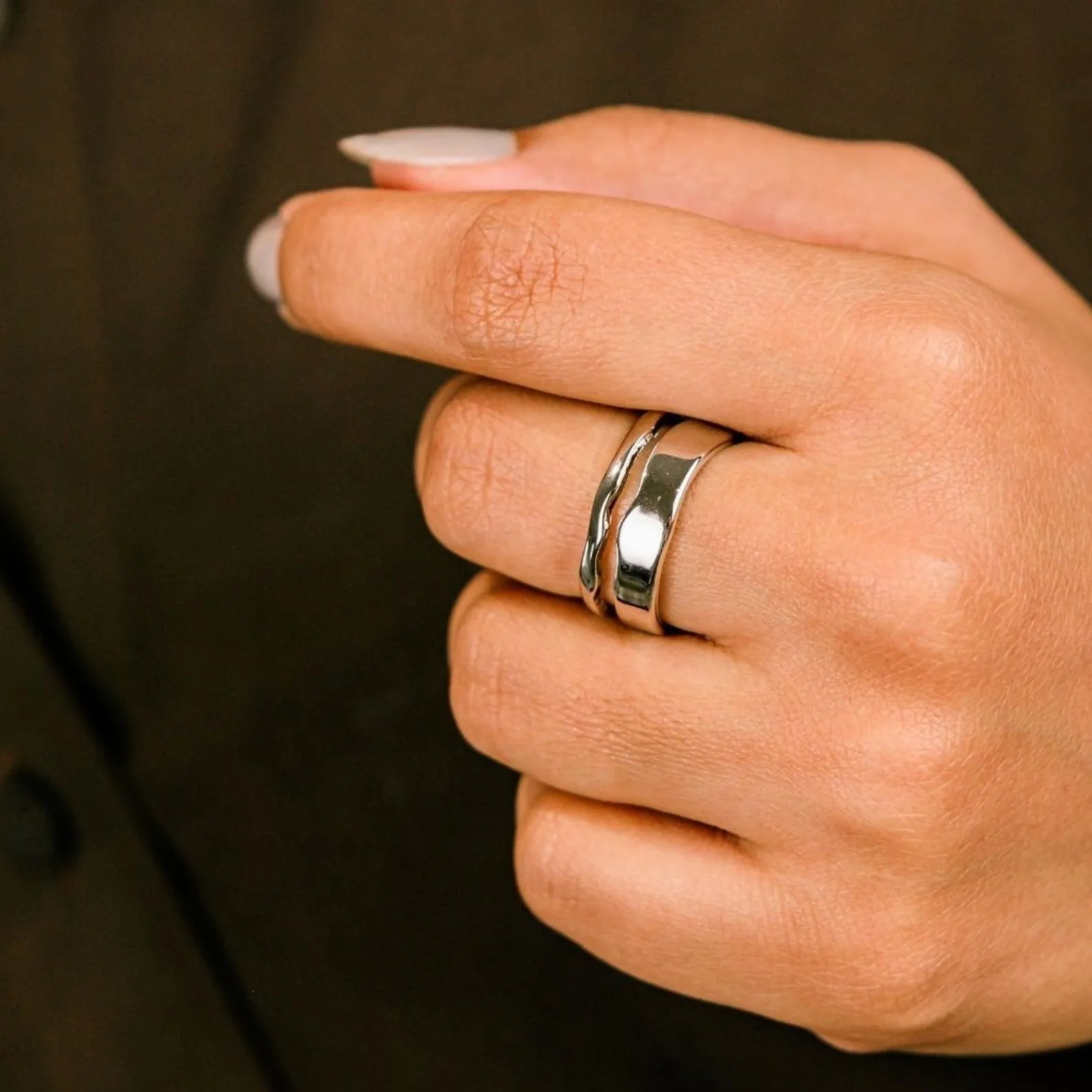 Adjustable Thick Hammered Silver Irregular Cuff Band Wave Ring