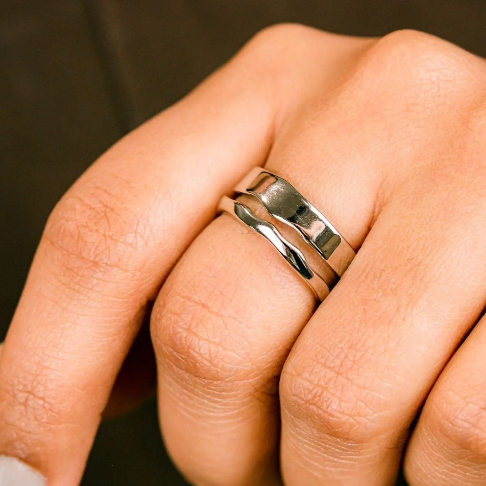 Adjustable Thick Hammered Silver Irregular Cuff Band Wave Ring