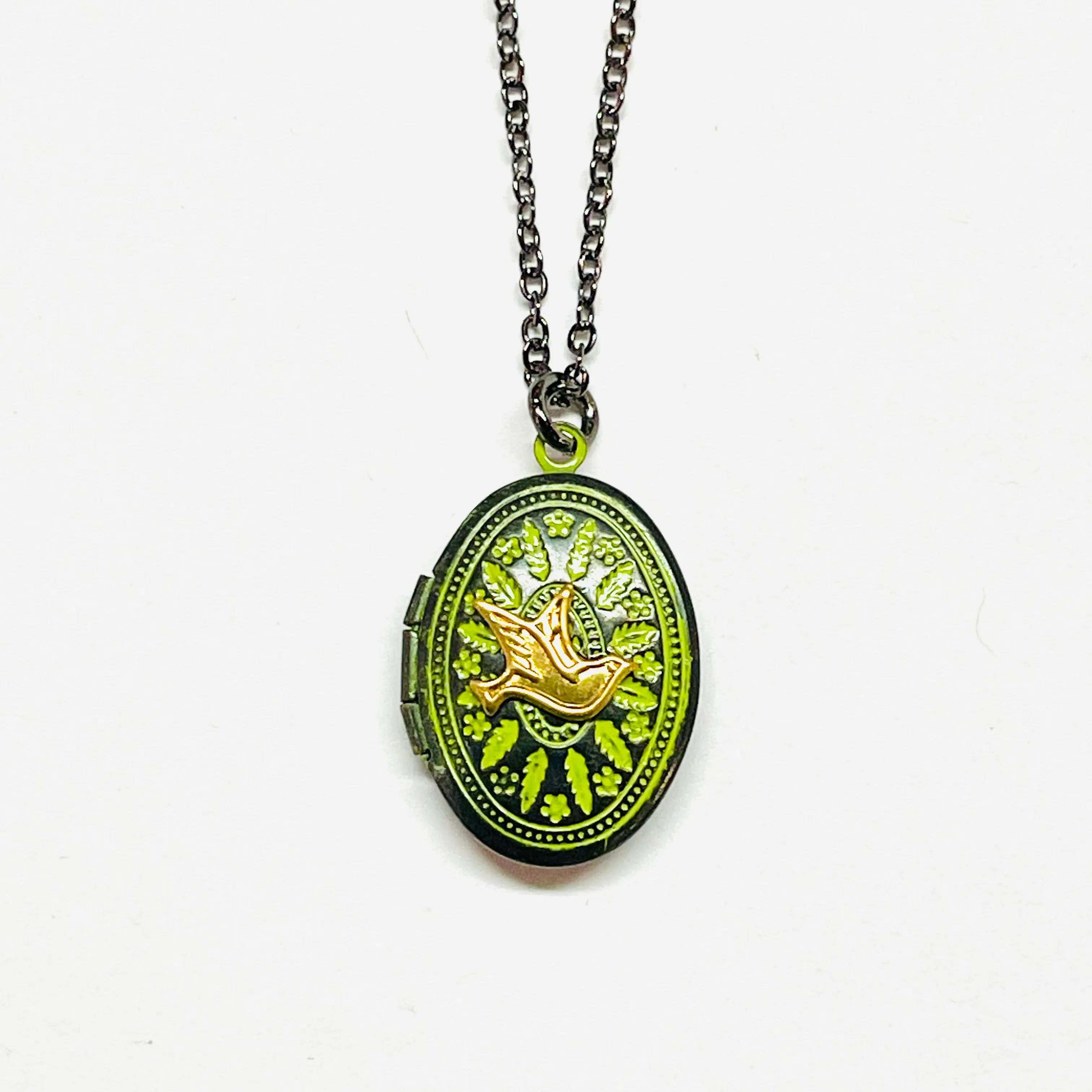 Aged Mini Oval with Bird Locket Necklace