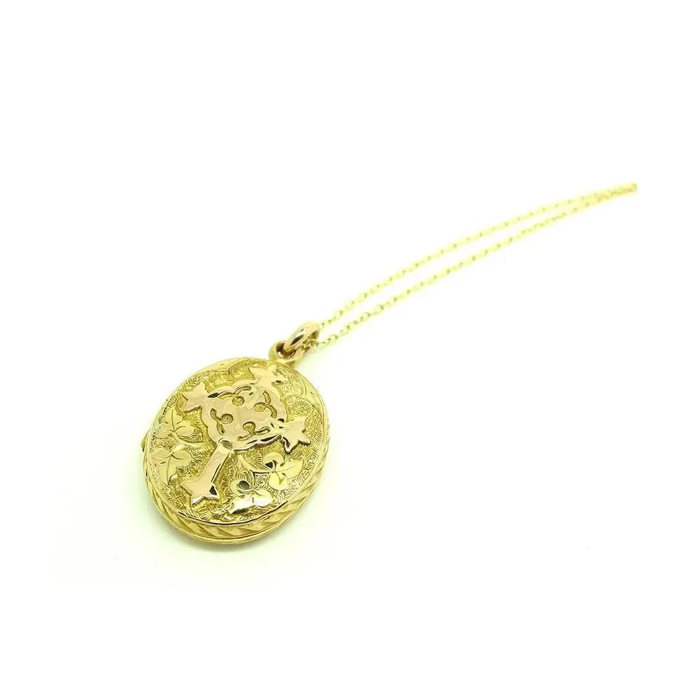 Antique Victorian 9ct Yellow Gold Catholic Cross Oval Locket Necklace