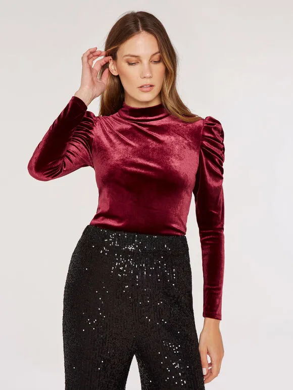 Apricot Velvet Rouched Shoulder Top