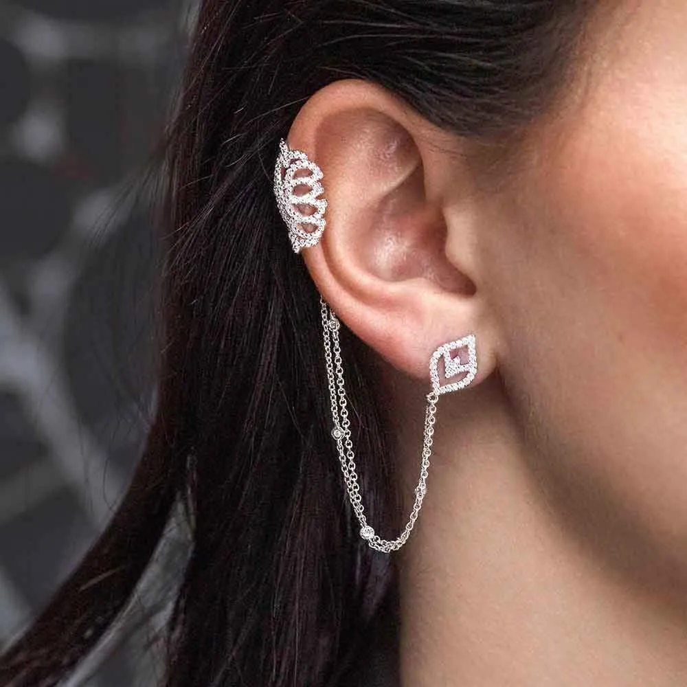 Arabesque Ear cuff with Chain and Studs - White Silver