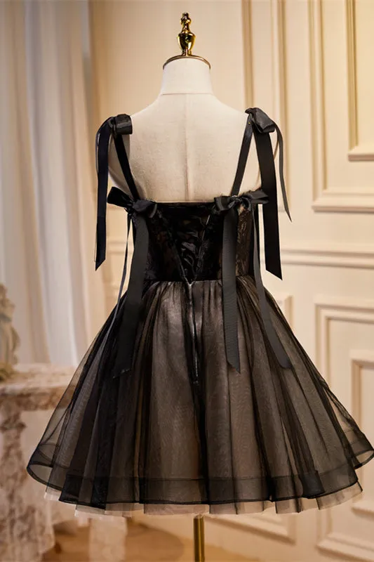 Black Bow Ties Lace Tulle Homecoming Dress
