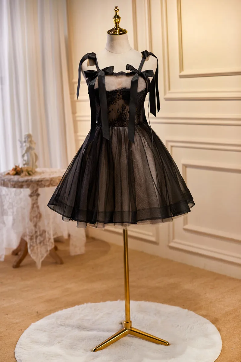 Black Bow Ties Lace Tulle Homecoming Dress