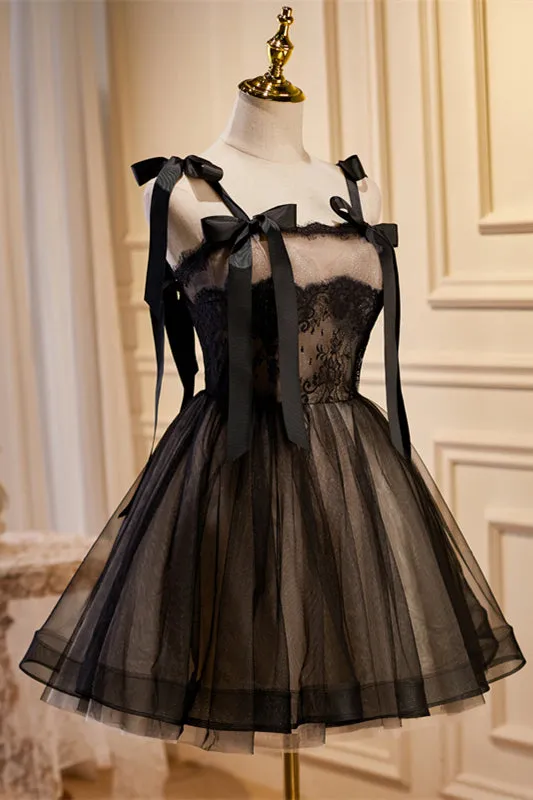 Black Bow Ties Lace Tulle Homecoming Dress