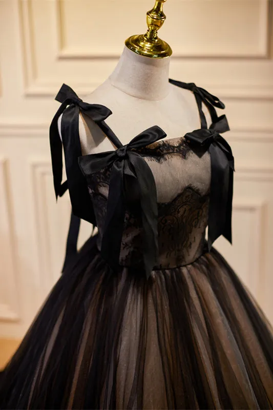 Black Bow Ties Lace Tulle Long Prom Dress