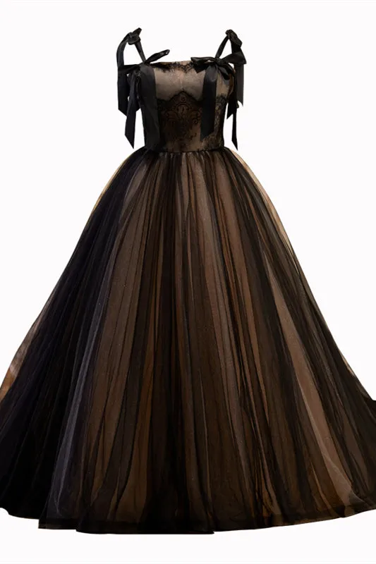 Black Bow Ties Lace Tulle Long Prom Dress