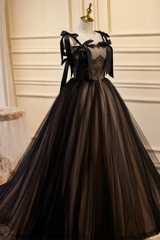 Black Bow Ties Lace Tulle Long Prom Dress