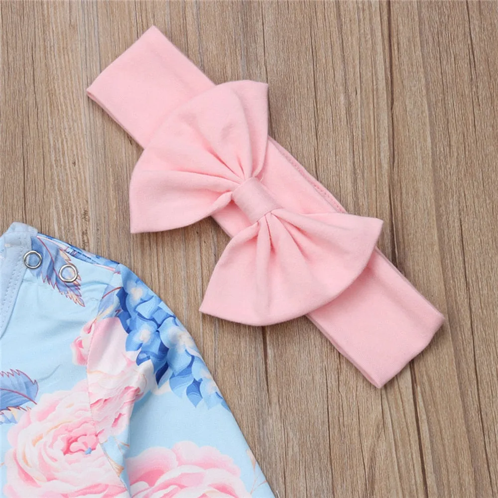 Blue Floral Onesie Headband Outfit