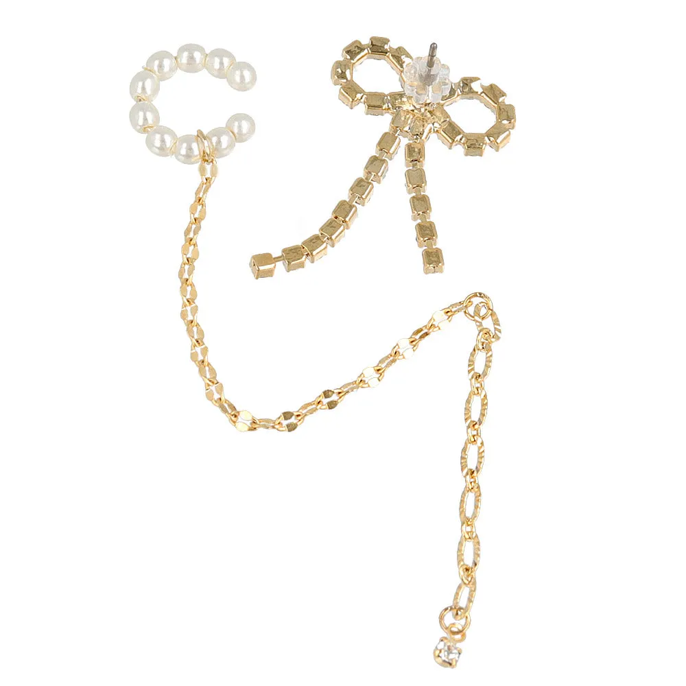 Bow and Pearl Chain Ear Cuff Earring