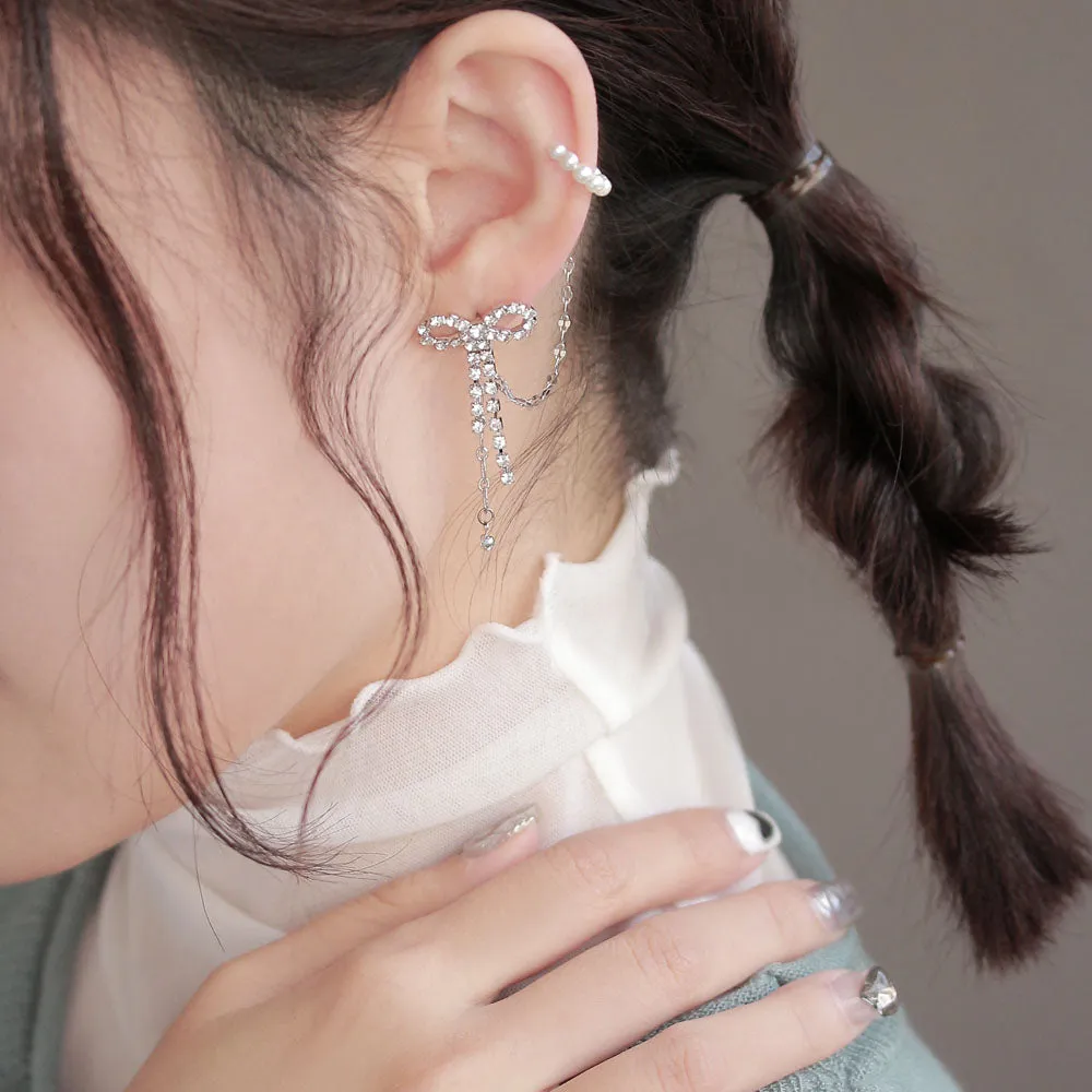 Bow and Pearl Chain Ear Cuff Earring