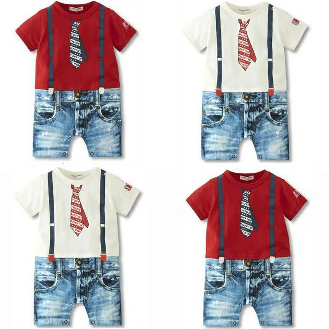 Boy Suspenders And Tie Print Rompers