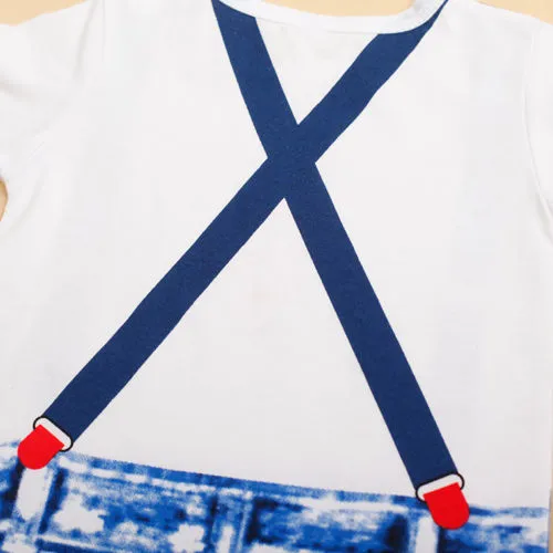 Boy Suspenders And Tie Print Rompers