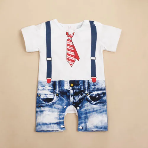 Boy Suspenders And Tie Print Rompers