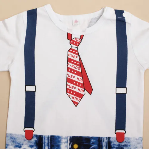 Boy Suspenders And Tie Print Rompers