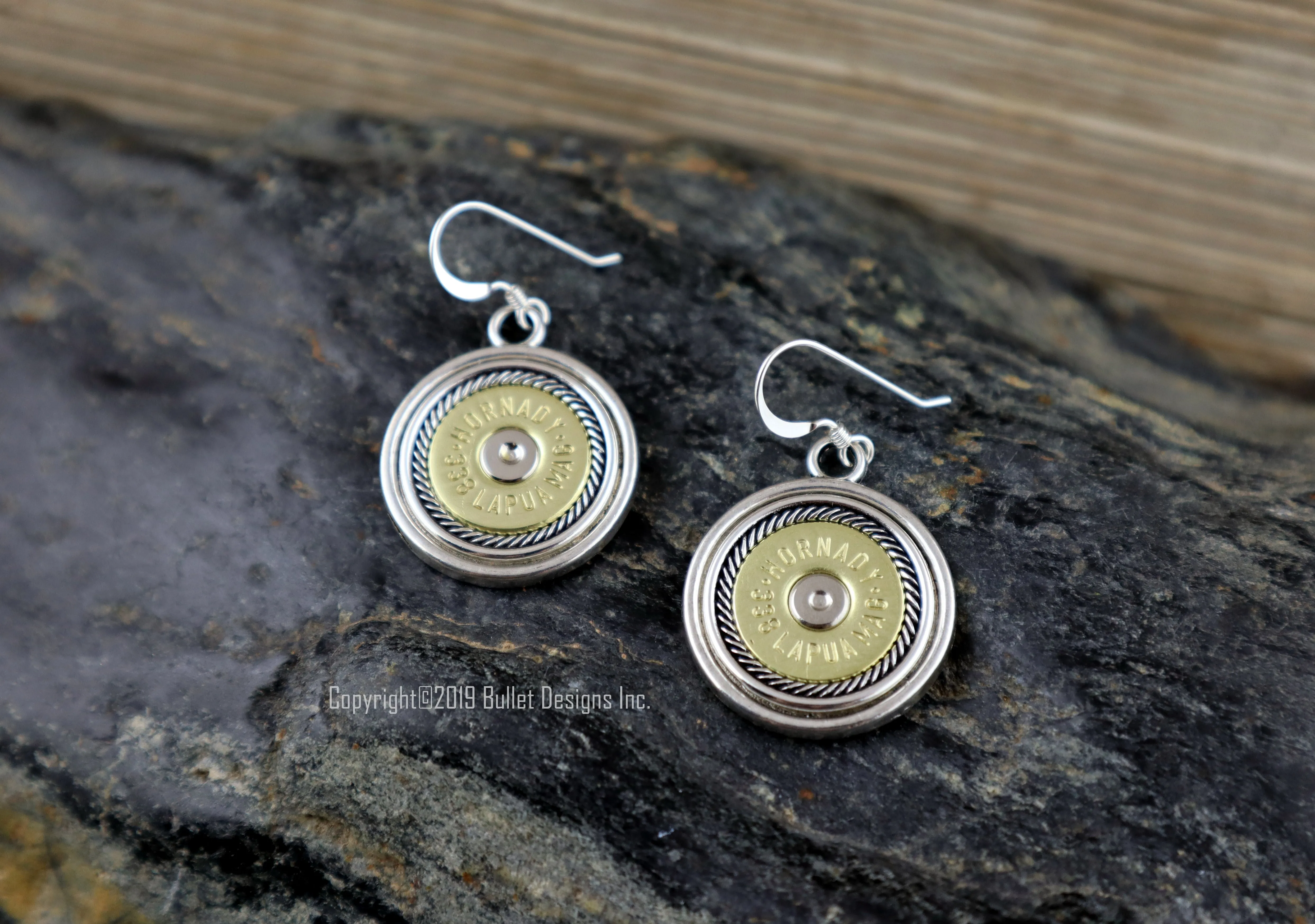 Bullet Earrings, Bullseye Rope Border 338 Lapua, Real