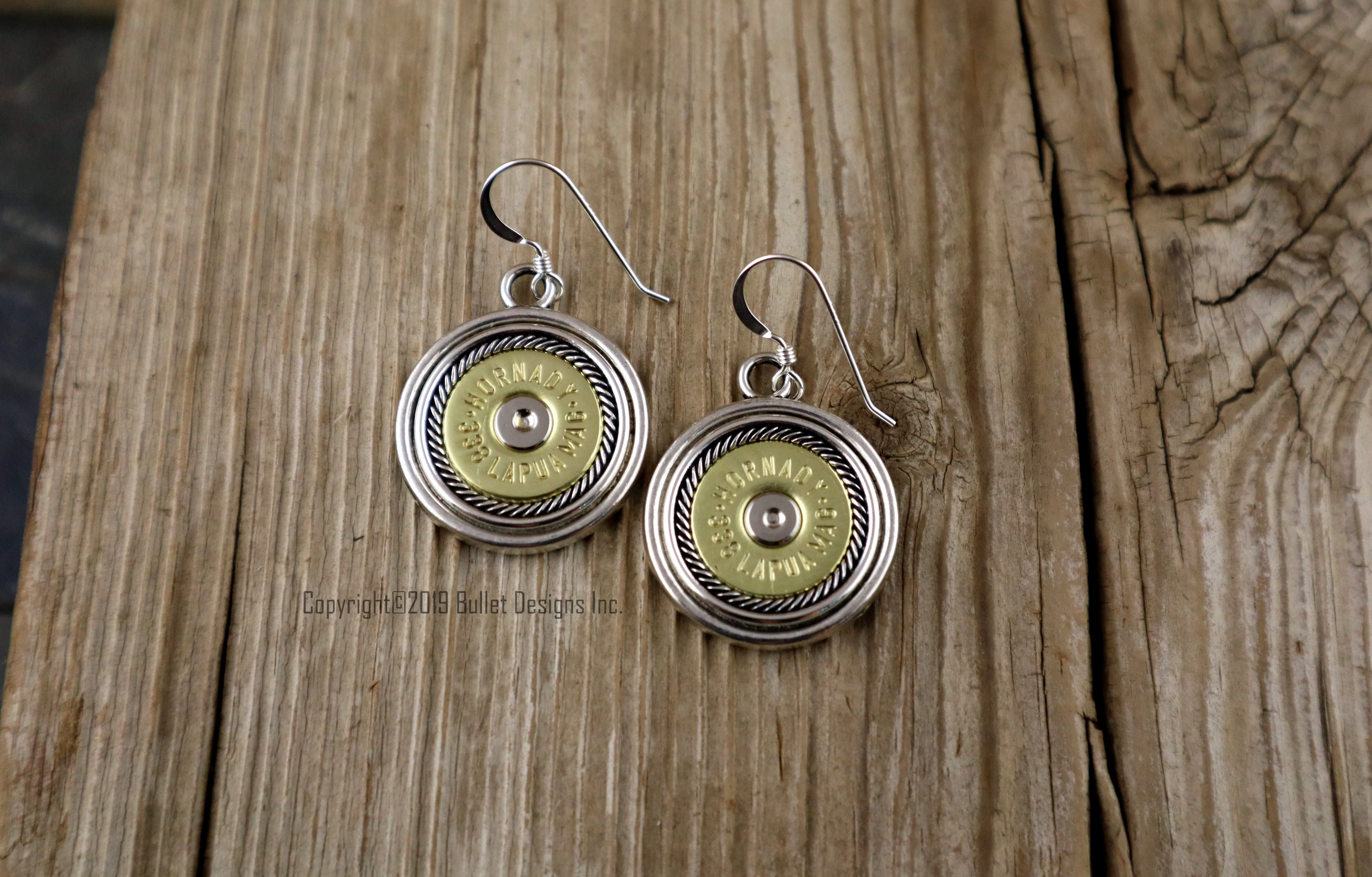 Bullet Earrings, Bullseye Rope Border 338 Lapua, Real