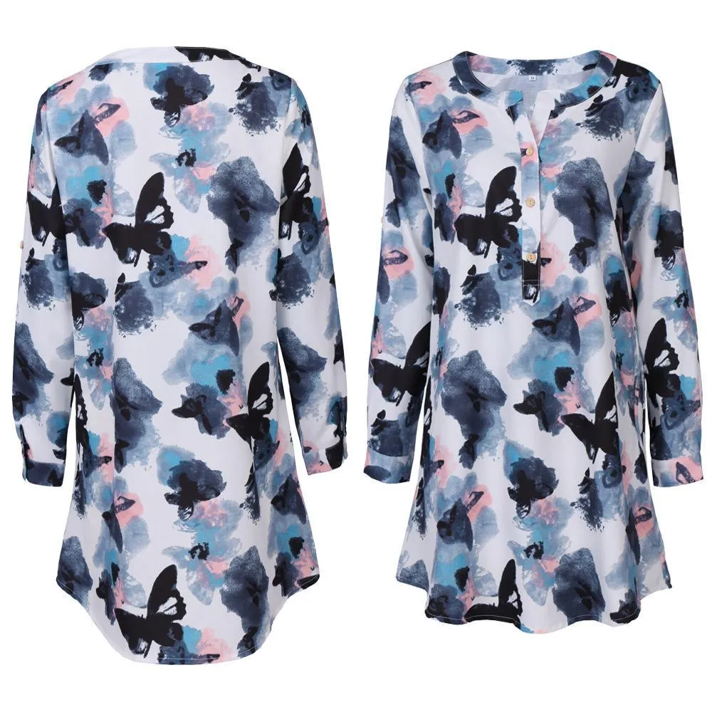 Button Up Butterfly Print Blouse