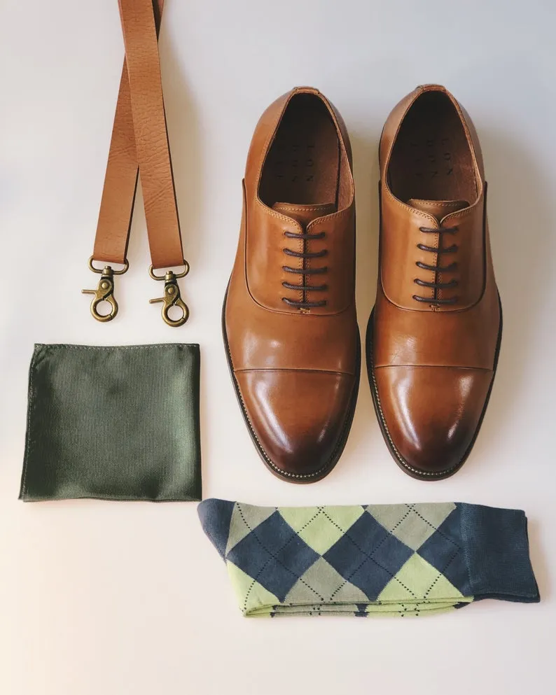 Caramel Suspenders with Sage Cotton Bow Ties