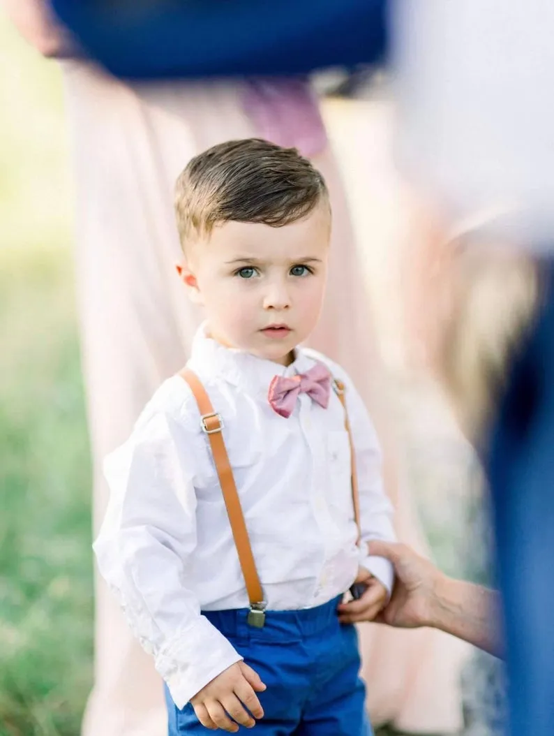 Caramel Suspenders with Sage Cotton Bow Ties