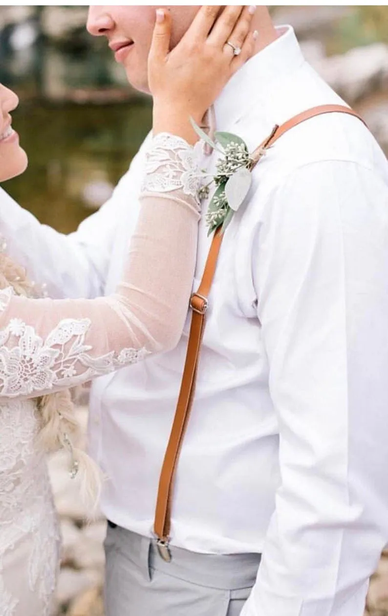 Caramel Suspenders with Sage Cotton Bow Ties