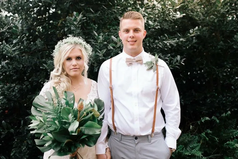 Caramel Suspenders with Sage Cotton Bow Ties