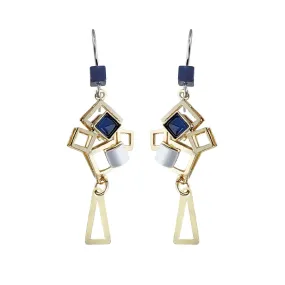 Christophe Poly Golden Squares Blue Dangle Earrings