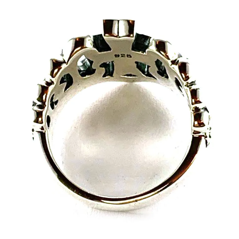 Cross silver ring with small red CZ & ribbon pattern
