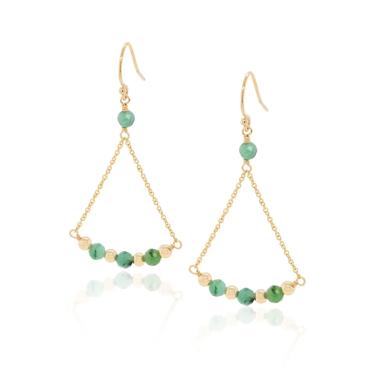 GOLD FILLED PYRAMID DANGLE EARRINGS WITH EMERALDS