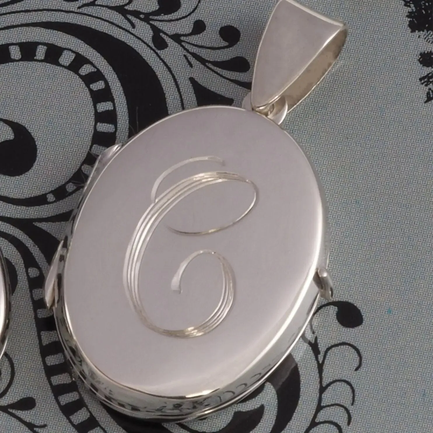 Hand Engraved Sterling Silver Oval Locket and Chain